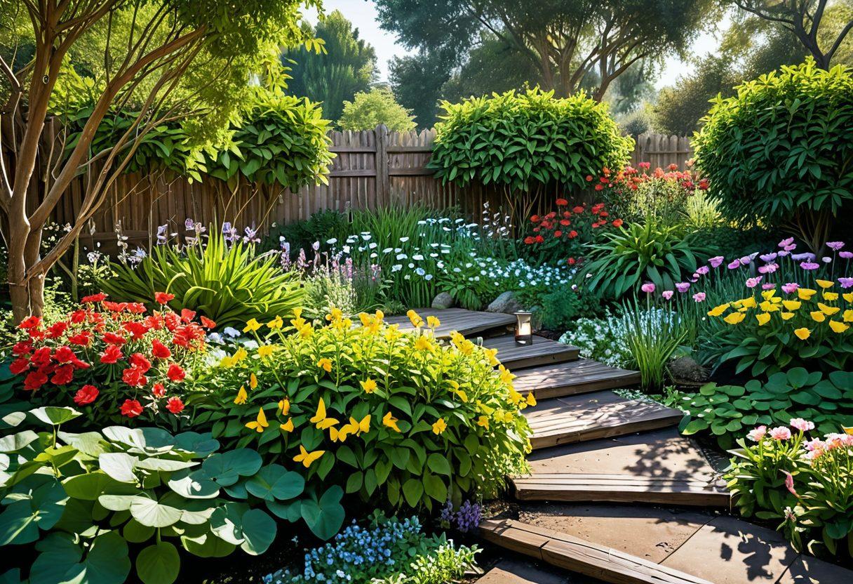 A lush backyard filled with vibrant flowers, a cozy seating area with colorful cushions, and a small pond with water lilies, all surrounded by flourishing greenery. In the background, a wooden fence adorned with climbing vines and butterflies fluttering around, creating a serene and joyful atmosphere. Bright sunlight streaming through the trees enhances the idyllic scene. super-realistic. vibrant colors. warm lighting.