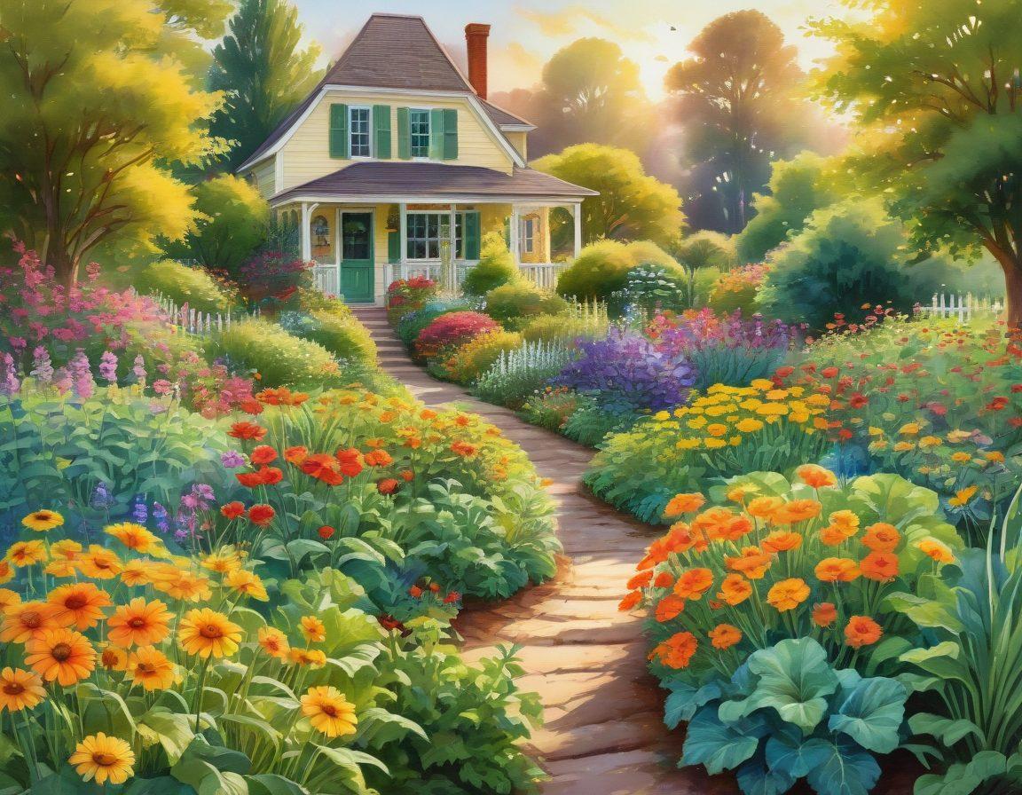 A vibrant garden scene depicting a harmonious blend of colorful flowers and lush vegetables growing together. Include a cheerful gardener tending to the plants, surrounded by butterflies and bees, symbolizing pollination and life. The sun is shining brightly, casting a warm glow over the garden. Incorporate a variety of green hues from the veggies and an array of colors from the flowers. watercolor painting. vibrant colors. natural light.