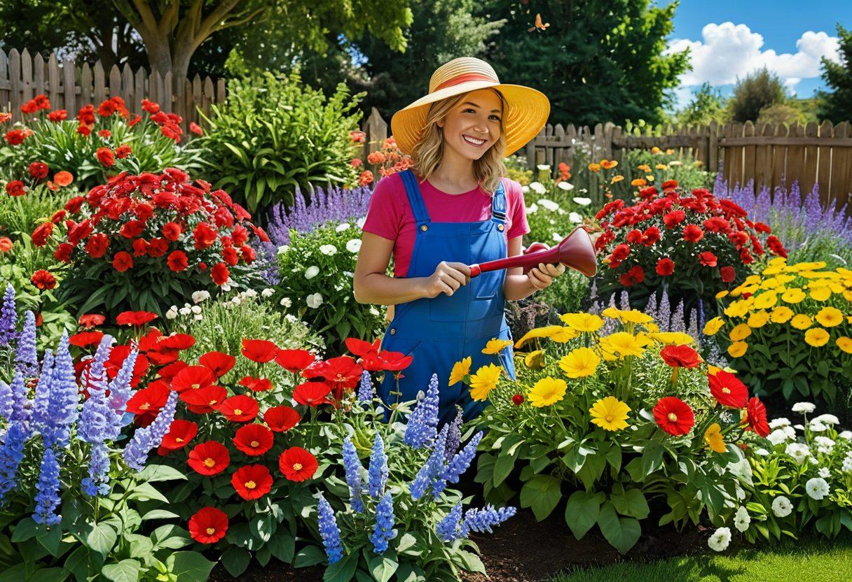 A vibrant garden filled with colorful flowers, lush greenery, and cheerful garden tools like rakes and watering cans. A happy gardener tending to the plants with a sunny demeanor, surrounded by butterflies and ladybugs. Include a rustic wooden bench in the background, inviting relaxation amidst nature. The sky is bright blue with fluffy white clouds, enhancing the joyful atmosphere. super-realistic. vibrant colors. 3D.